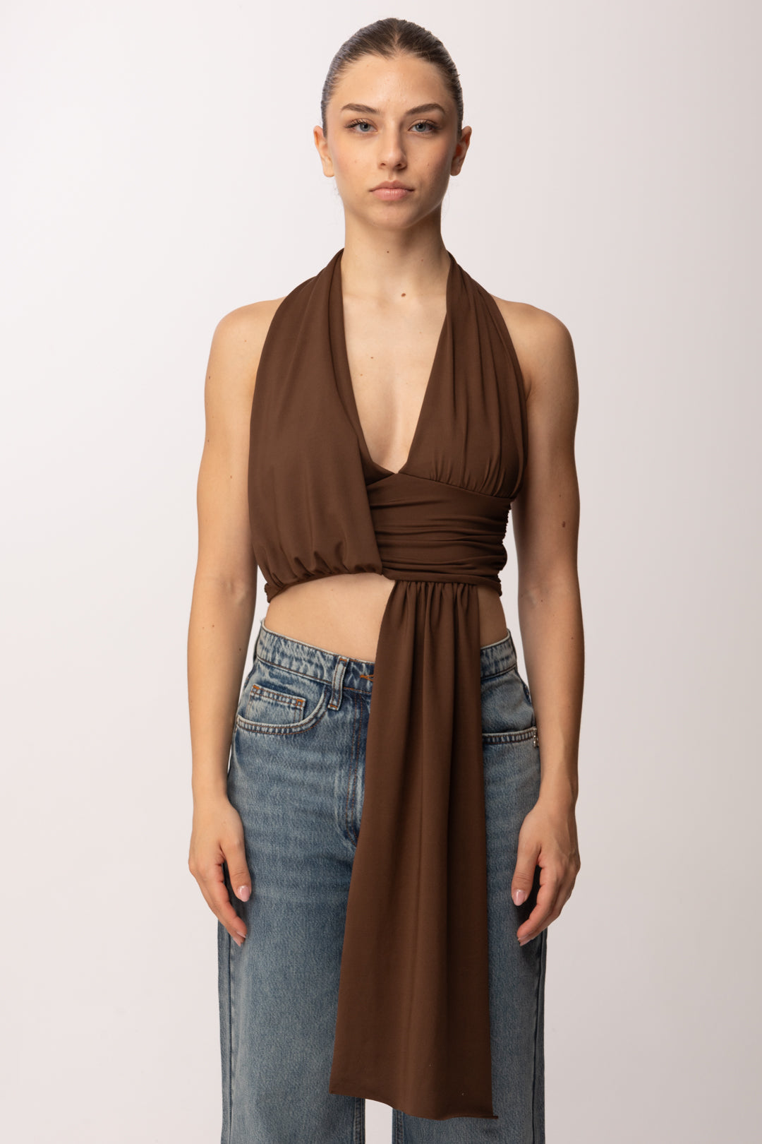 Khloe Femme Crop Top con Drappeggio P3339 CACAO