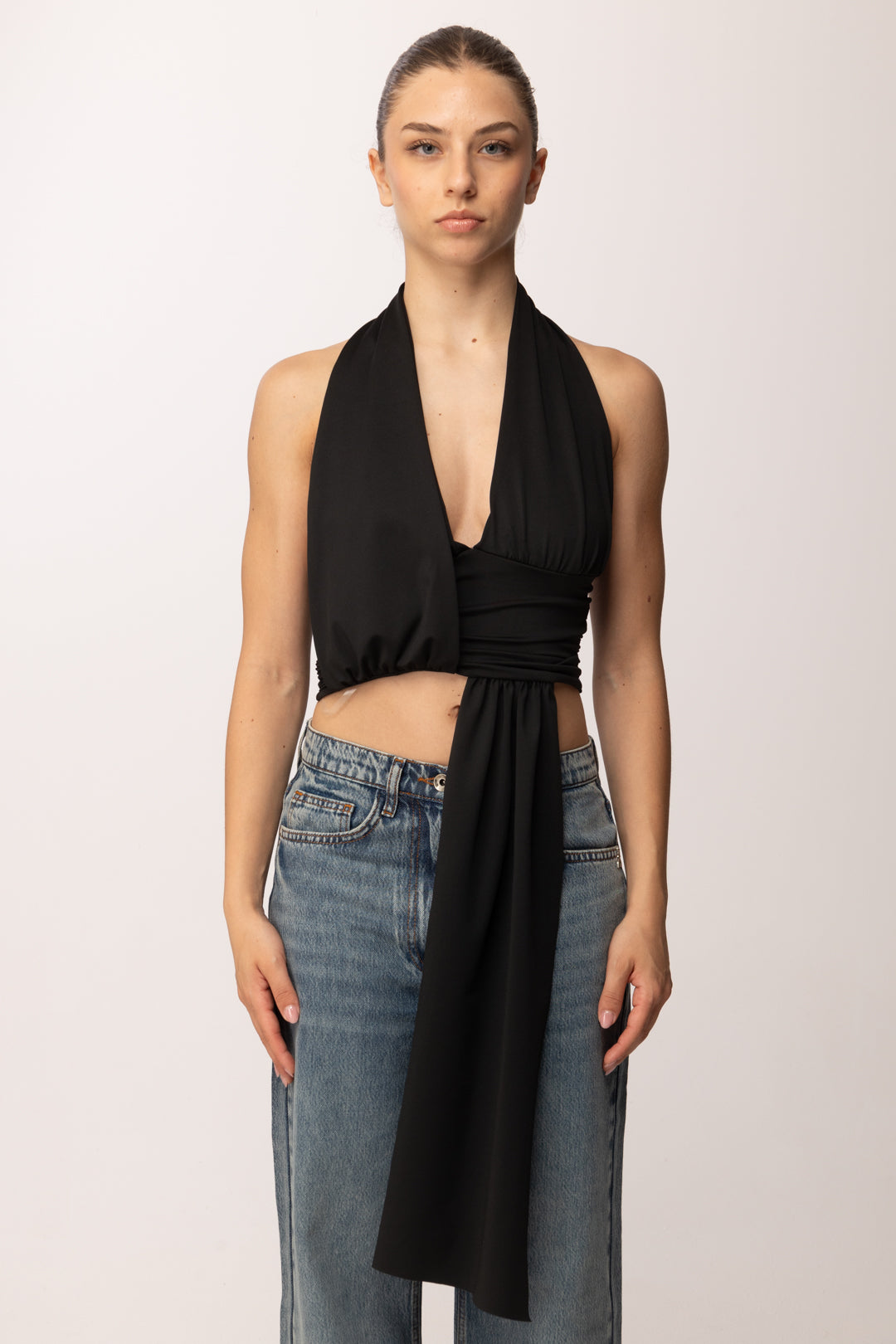 Khloe Femme Crop Top con Drappeggio P3339 NERO