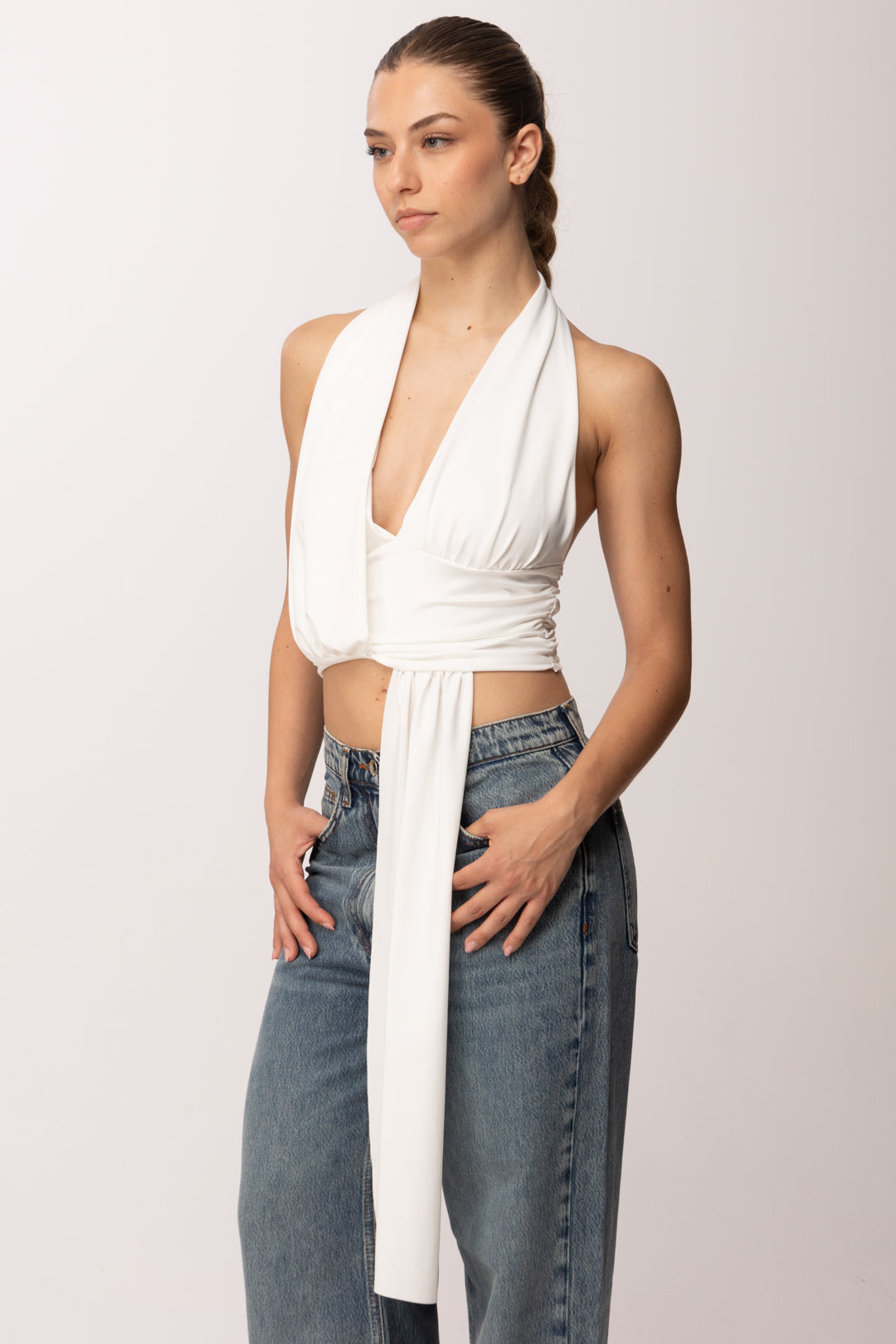 Khloe Femme Crop Top con Drappeggio P3339 PANNA