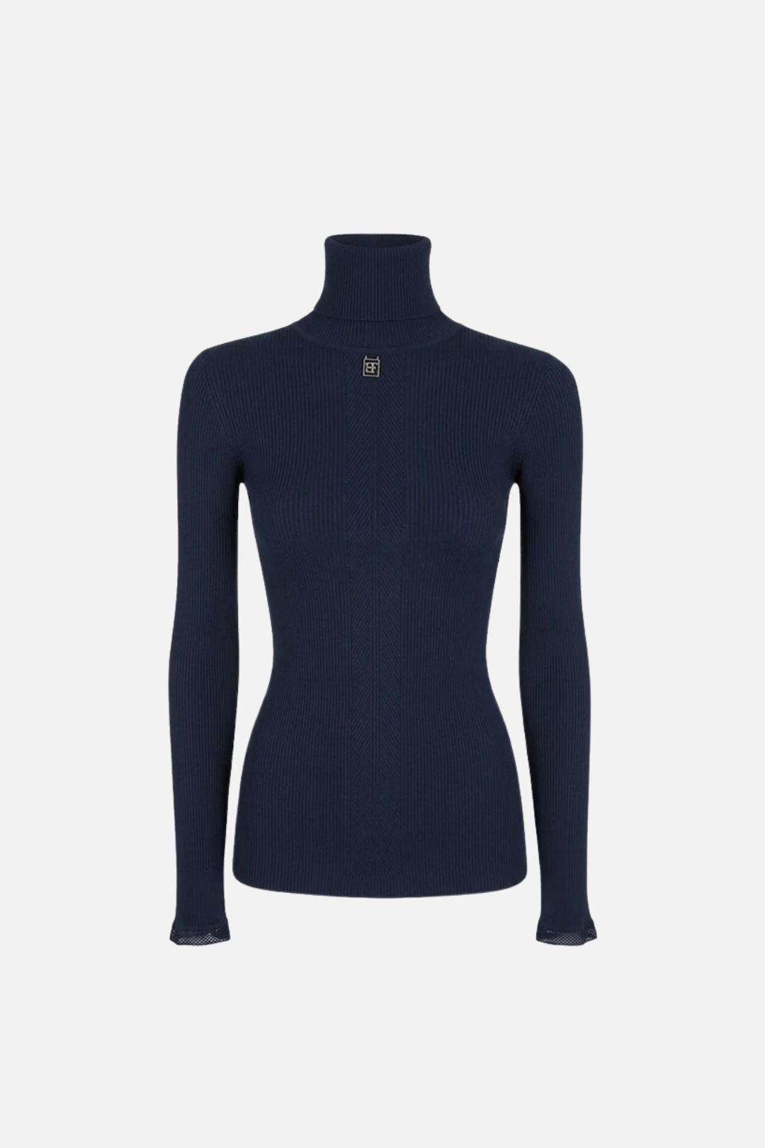 Elisabetta Franchi Dolcevita In Maglia a Coste con Logo e Pizzo MK22B66E2 BLU NOTTE