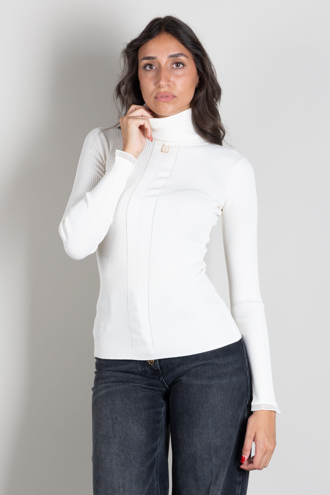 Elisabetta Franchi Dolcevita In Maglia a Coste con Logo e Pizzo MK22B66E2 BURRO