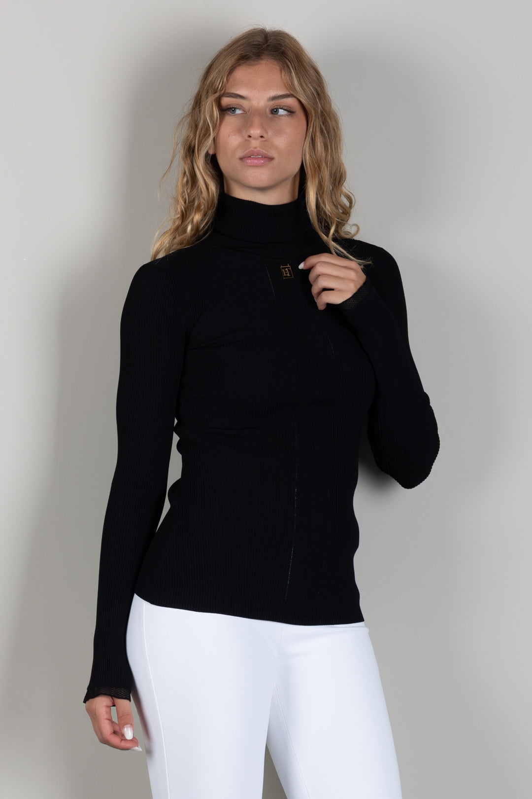 Elisabetta Franchi Dolcevita In Maglia a Coste con Logo e Pizzo MK22B66E2 NERO