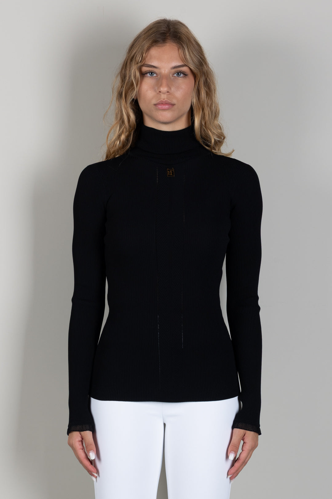 Elisabetta Franchi Dolcevita In Maglia a Coste con Logo e Pizzo MK22B66E2 NERO