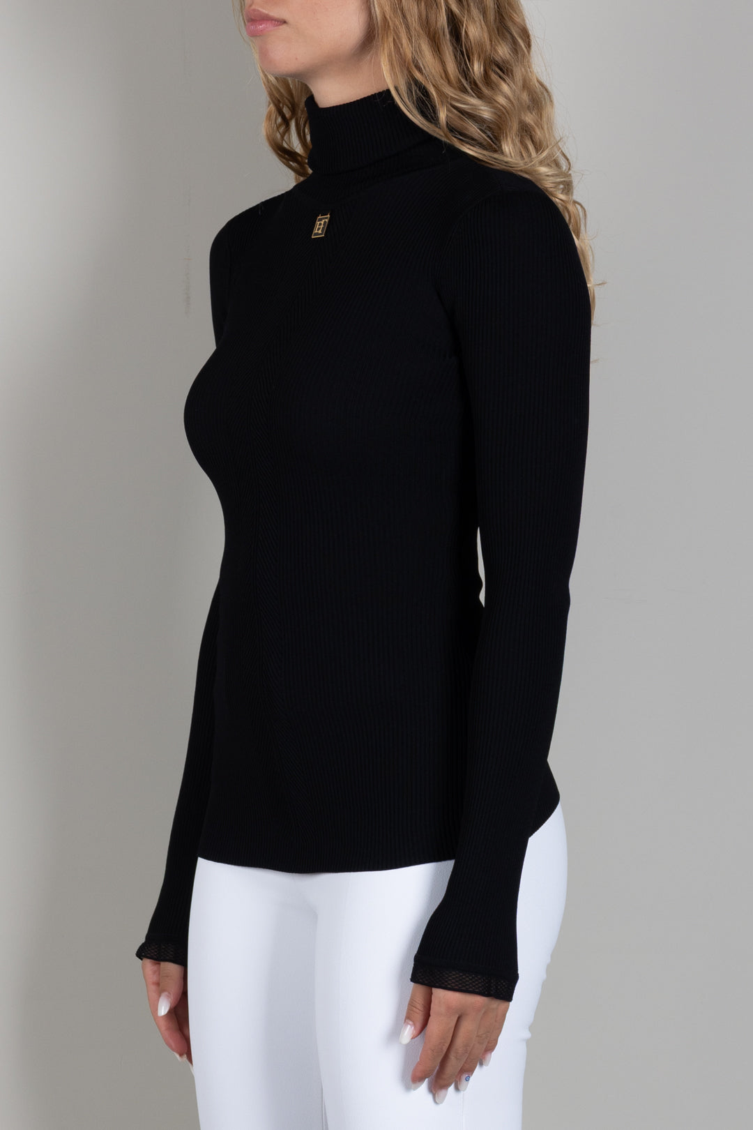 Elisabetta Franchi Dolcevita In Maglia a Coste con Logo e Pizzo MK22B66E2 NERO