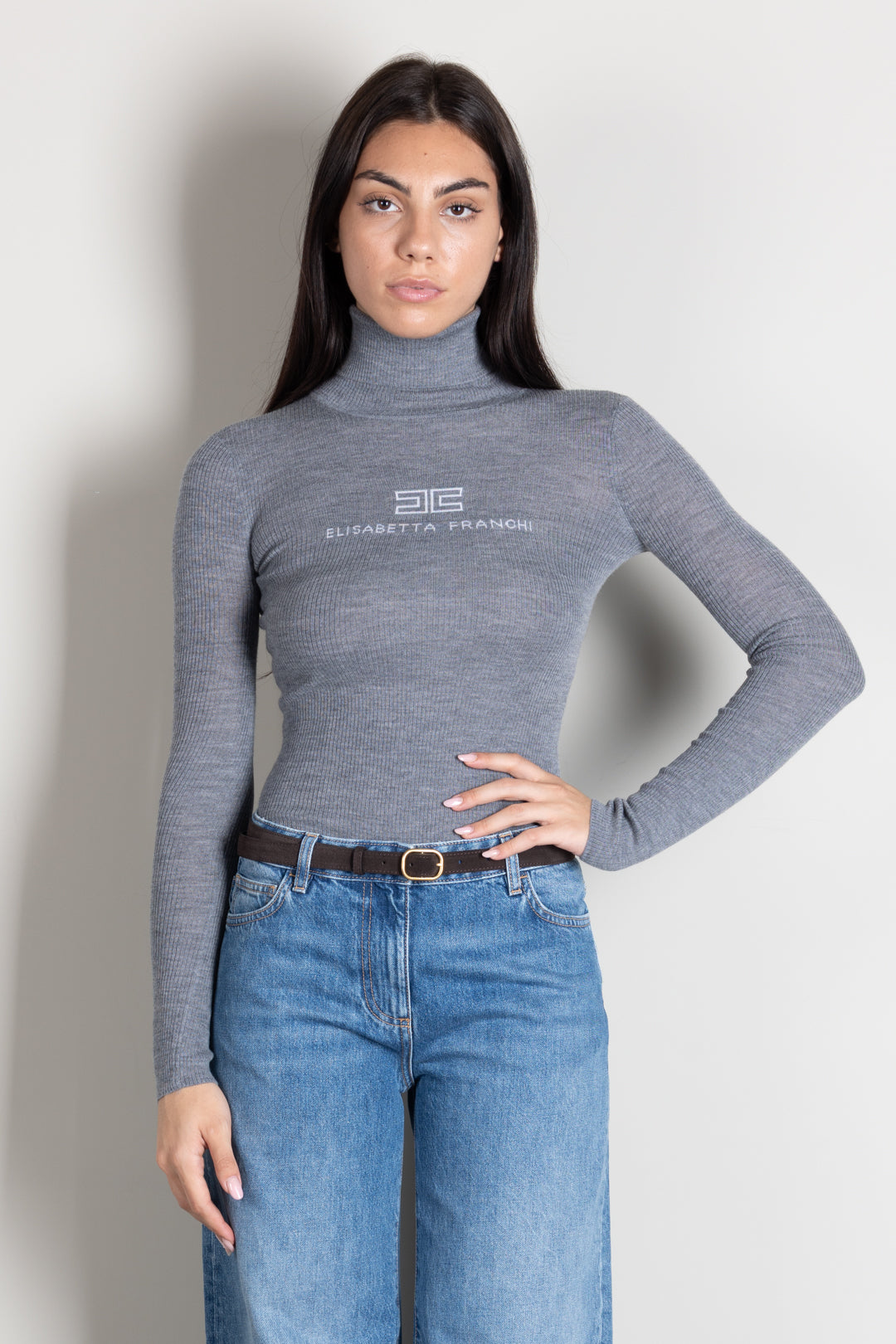 Elisabetta Franchi Dolcevita In Maglia a Costine con Logo Intarsio MK18B66E2 GRIGIO MELANGE/AVORI