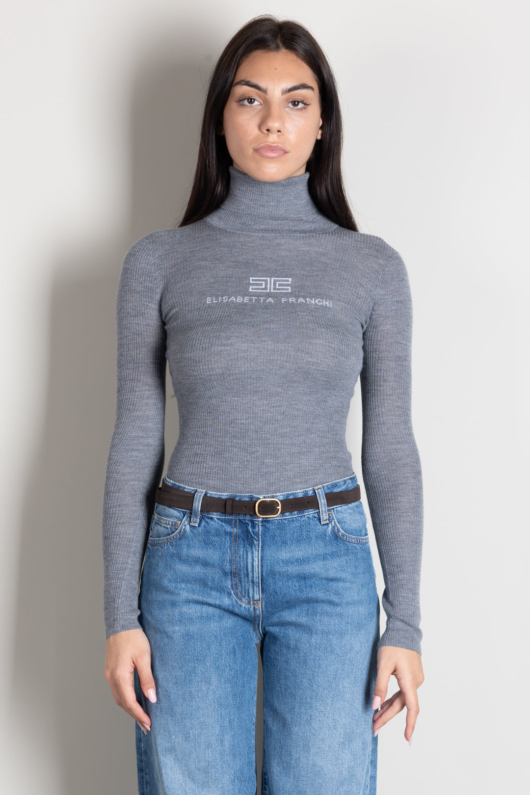 Elisabetta Franchi Dolcevita In Maglia a Costine con Logo Intarsio MK18B66E2 GRIGIO MELANGE/AVORI