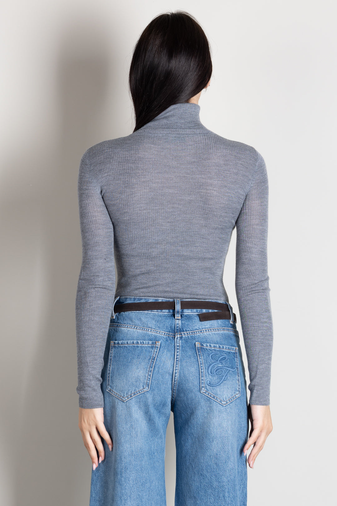 Elisabetta Franchi Dolcevita In Maglia a Costine con Logo Intarsio MK18B66E2 GRIGIO MELANGE/AVORI