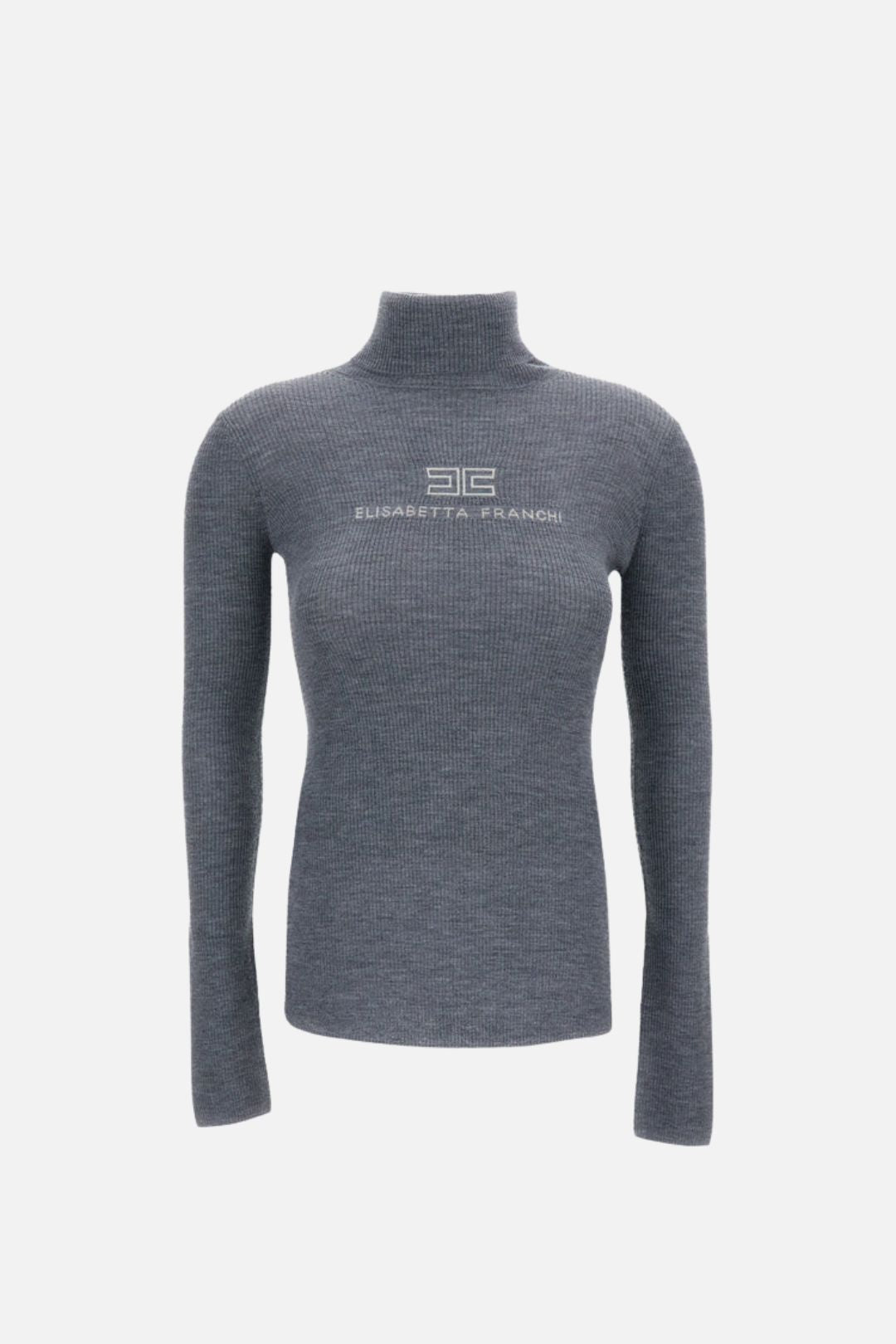 Elisabetta Franchi Dolcevita In Maglia a Costine con Logo Intarsio MK18B66E2 GRIGIO MELANGE/AVORI