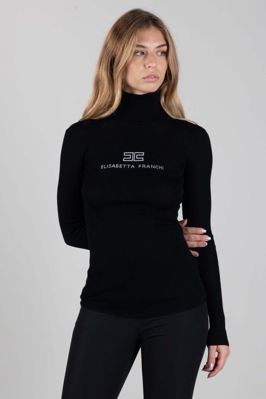 Elisabetta Franchi Dolcevita In Maglia a Costine con Logo Intarsio MK18B66E2 NERO/BURRO