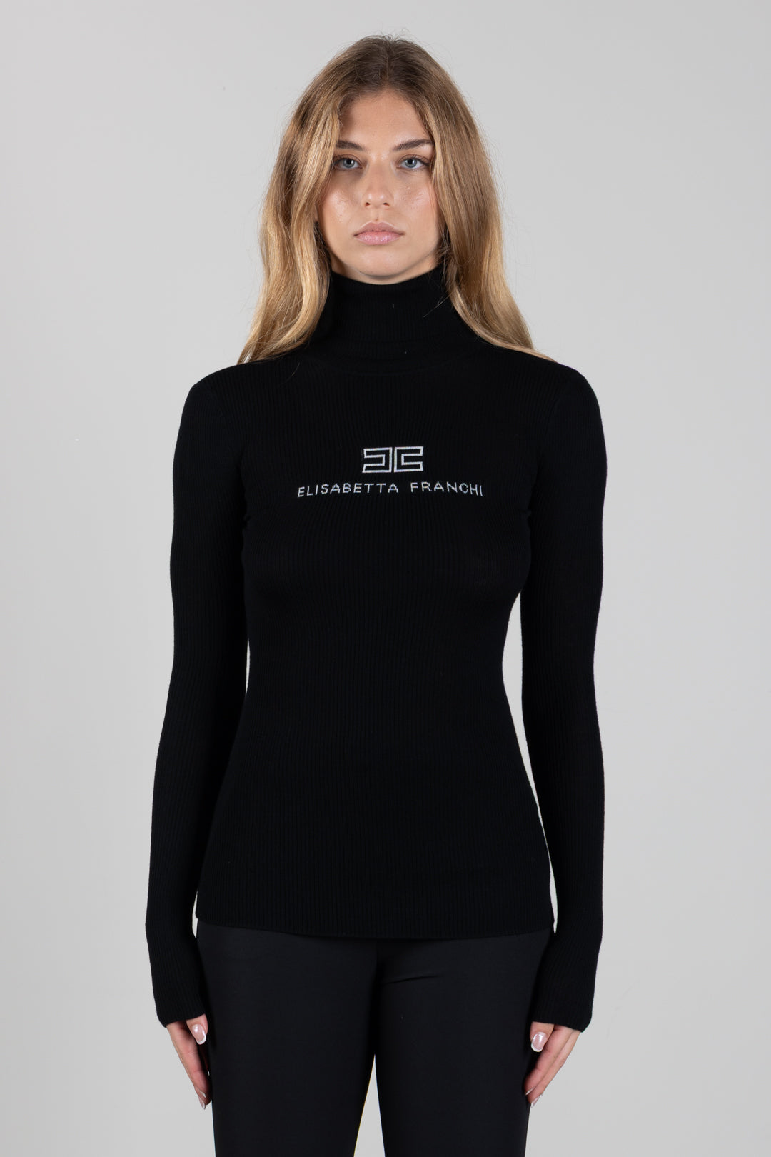 Elisabetta Franchi Dolcevita In Maglia a Costine con Logo Intarsio MK18B66E2 NERO/BURRO