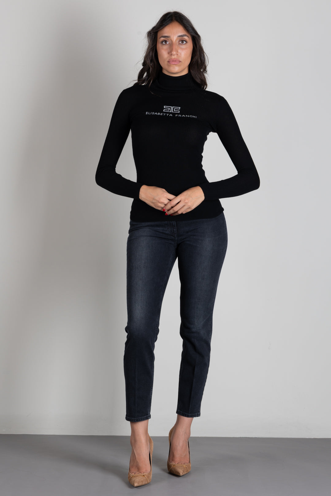 Elisabetta Franchi Dolcevita In Maglia a Costine con Logo Intarsio MK18B66E2 NERO/BURRO