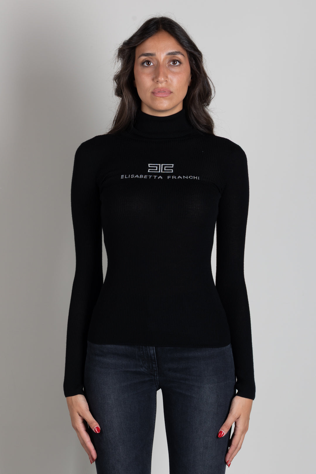 Elisabetta Franchi Dolcevita In Maglia a Costine con Logo Intarsio MK18B66E2 NERO/BURRO