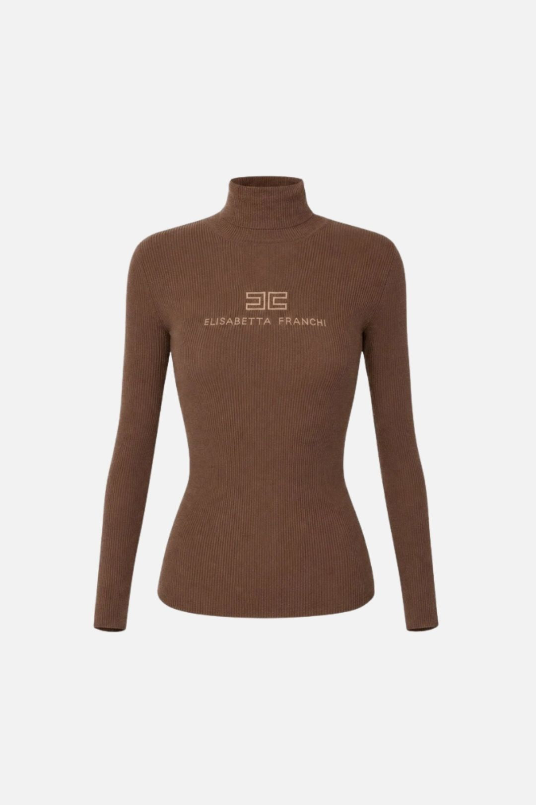 Elisabetta Franchi Dolcevita In Maglia a Costine con Logo Intarsio MK18B66E2 SIGARO/NUDE