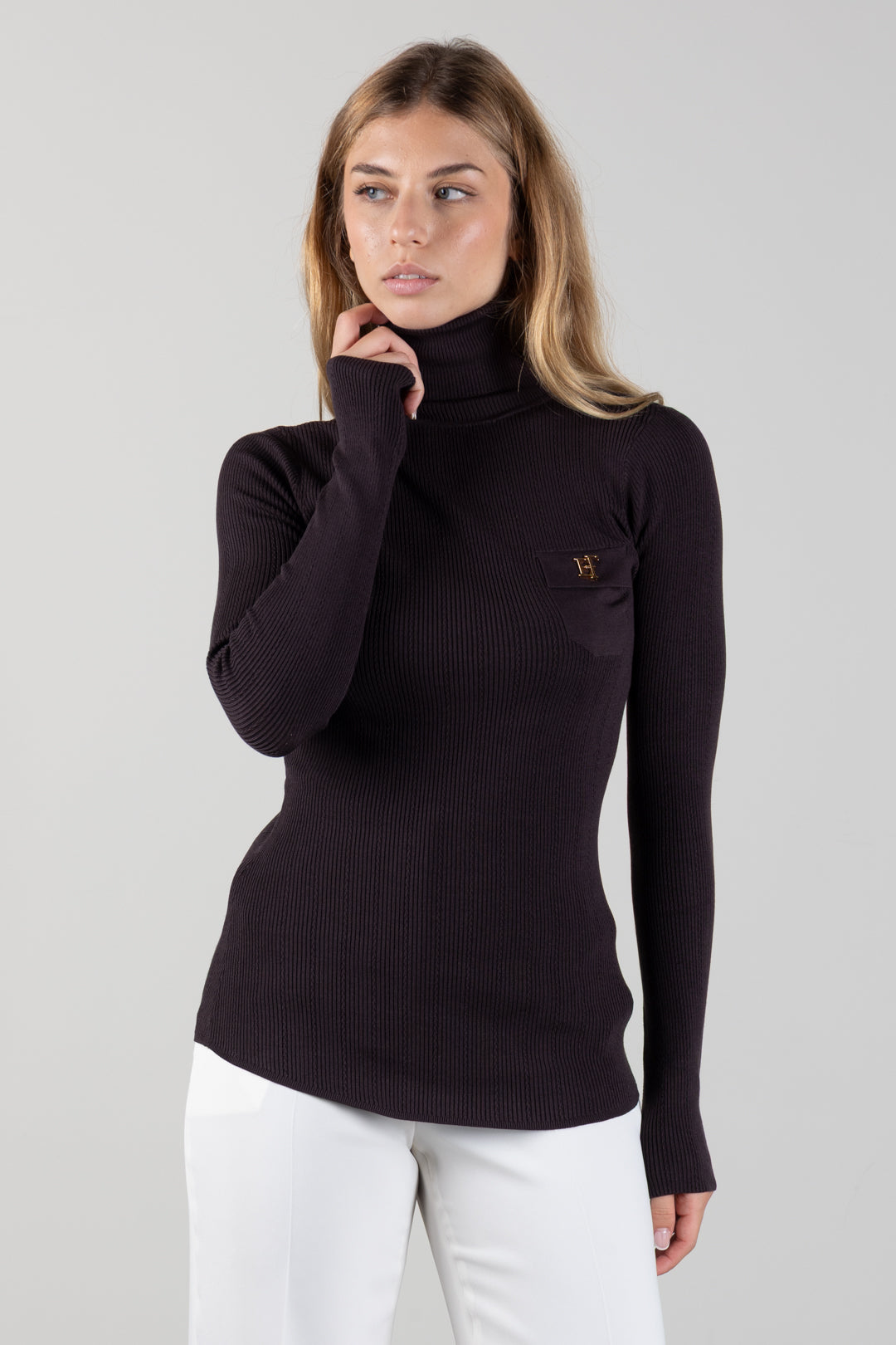 Elisabetta Franchi Dolcevita In Maglia con Ricami à Jour MK05B66E2 DARK CHOCOLATE