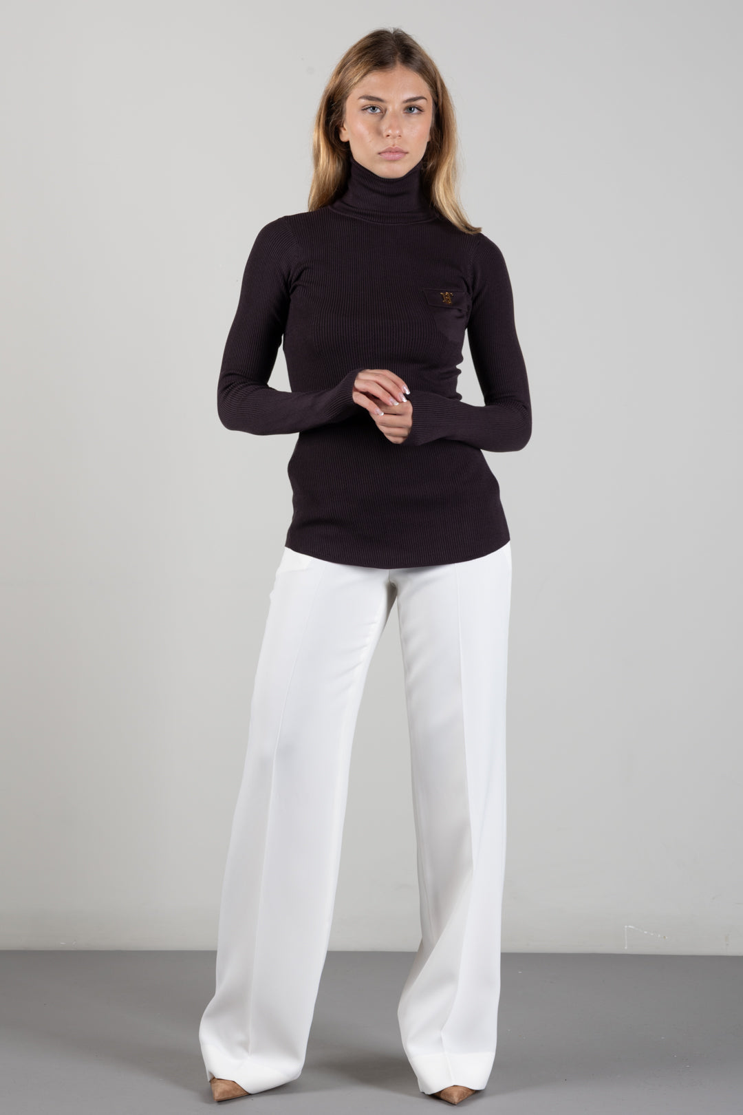 Elisabetta Franchi Dolcevita In Maglia con Ricami à Jour MK05B66E2 DARK CHOCOLATE