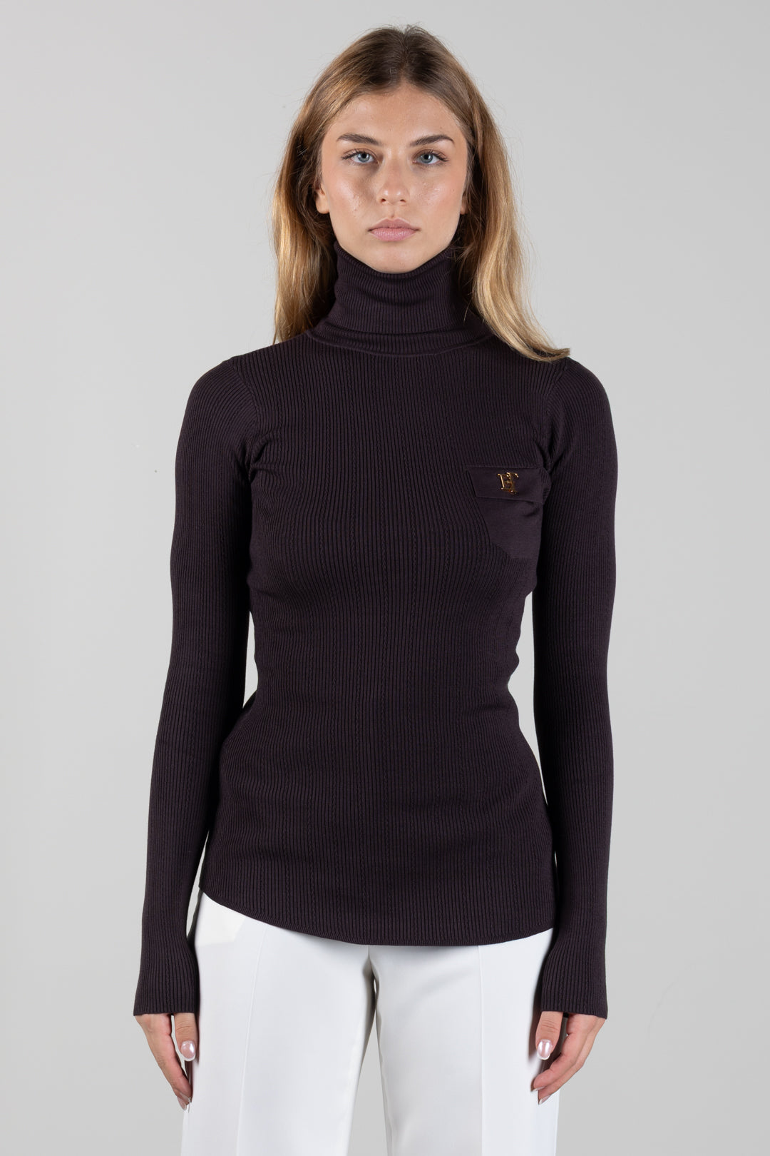 Elisabetta Franchi Dolcevita In Maglia con Ricami à Jour MK05B66E2 DARK CHOCOLATE
