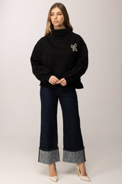 Meme Road Felpa Collo Alto con Fiocco In Strass M3227M NERO