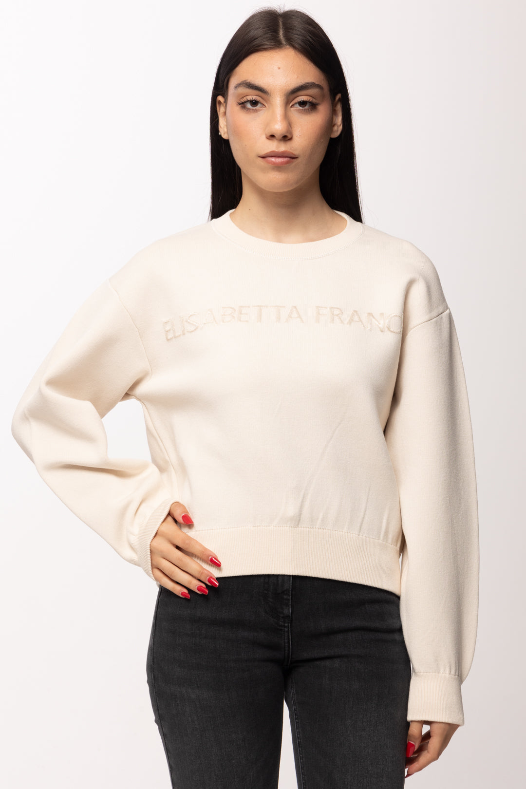 Elisabetta Franchi Felpa Girocollo con Logo Ricamato MK70Q61E2 BURRO