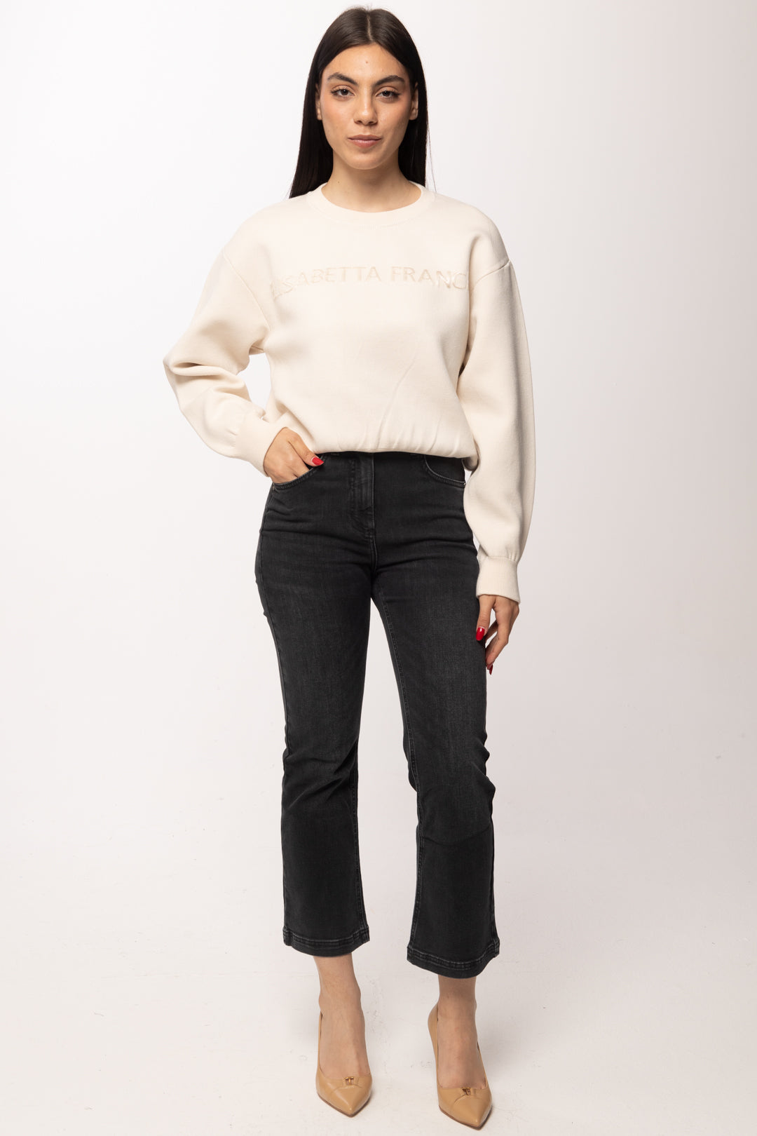 Elisabetta Franchi Felpa Girocollo con Logo Ricamato MK70Q61E2 BURRO