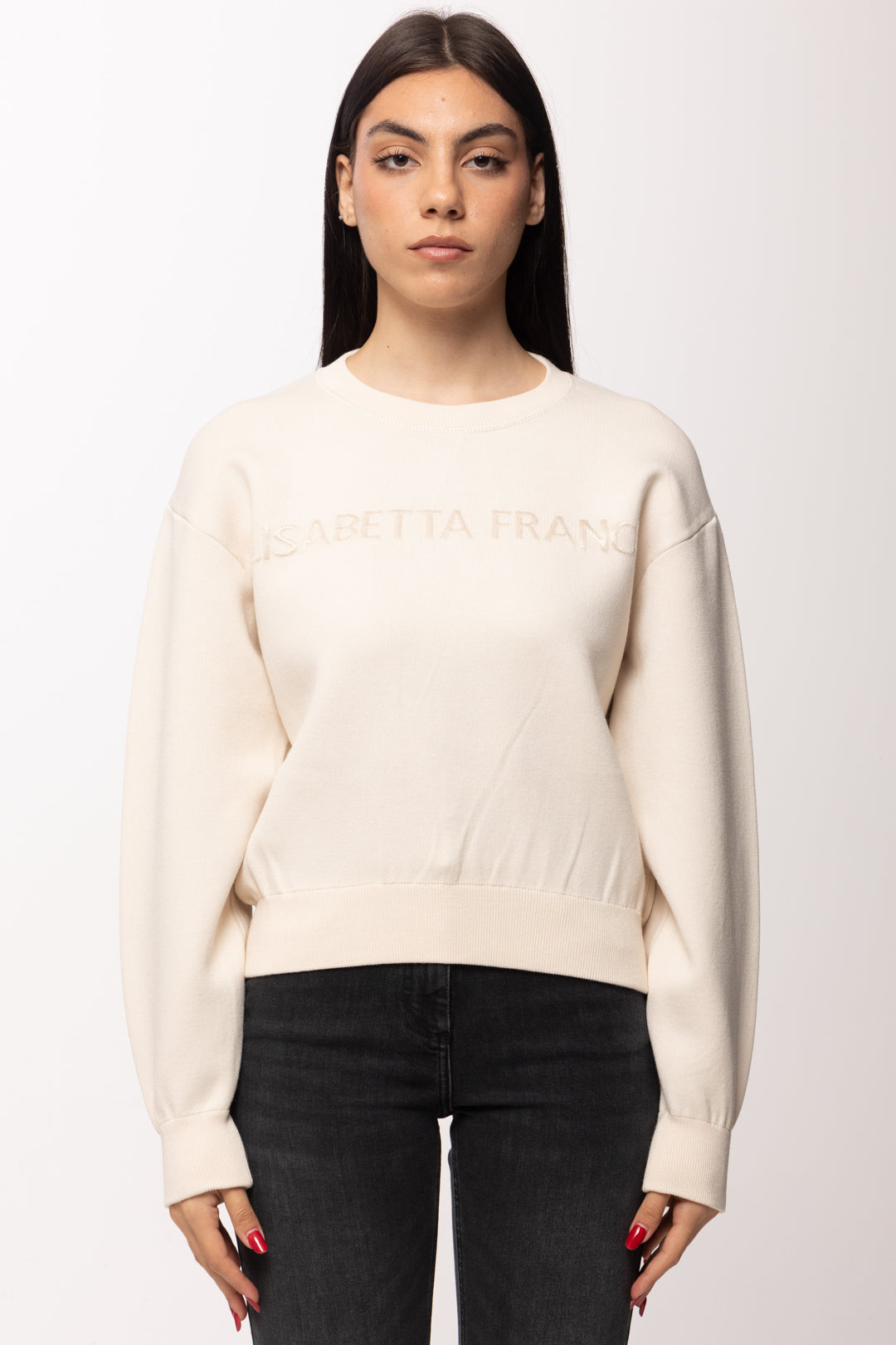 Elisabetta Franchi Felpa Girocollo con Logo Ricamato MK70Q61E2 BURRO
