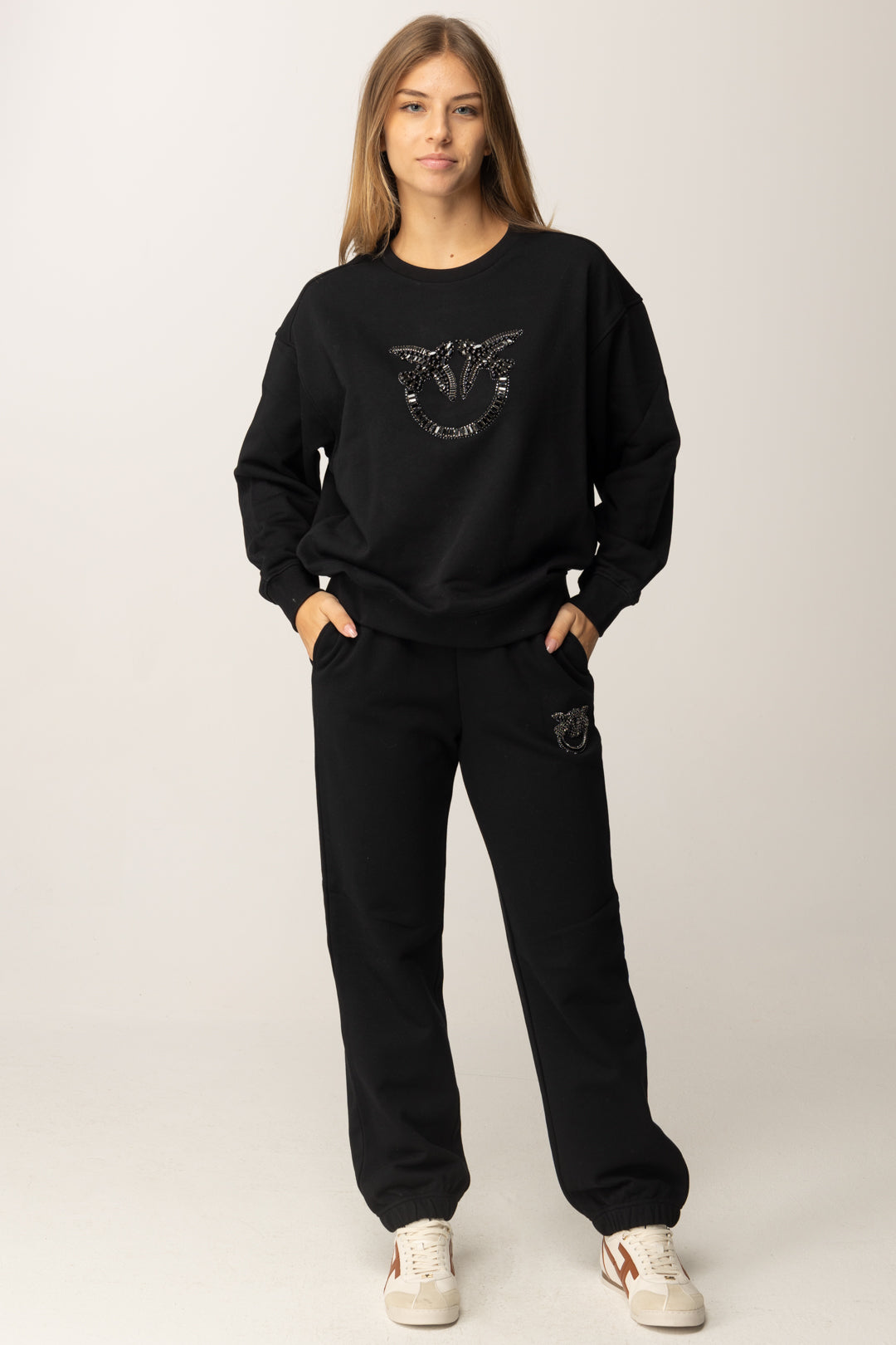 Pinko Felpa In Cotone con Logo Love Birds Ricamato NERO LIMOUSINE