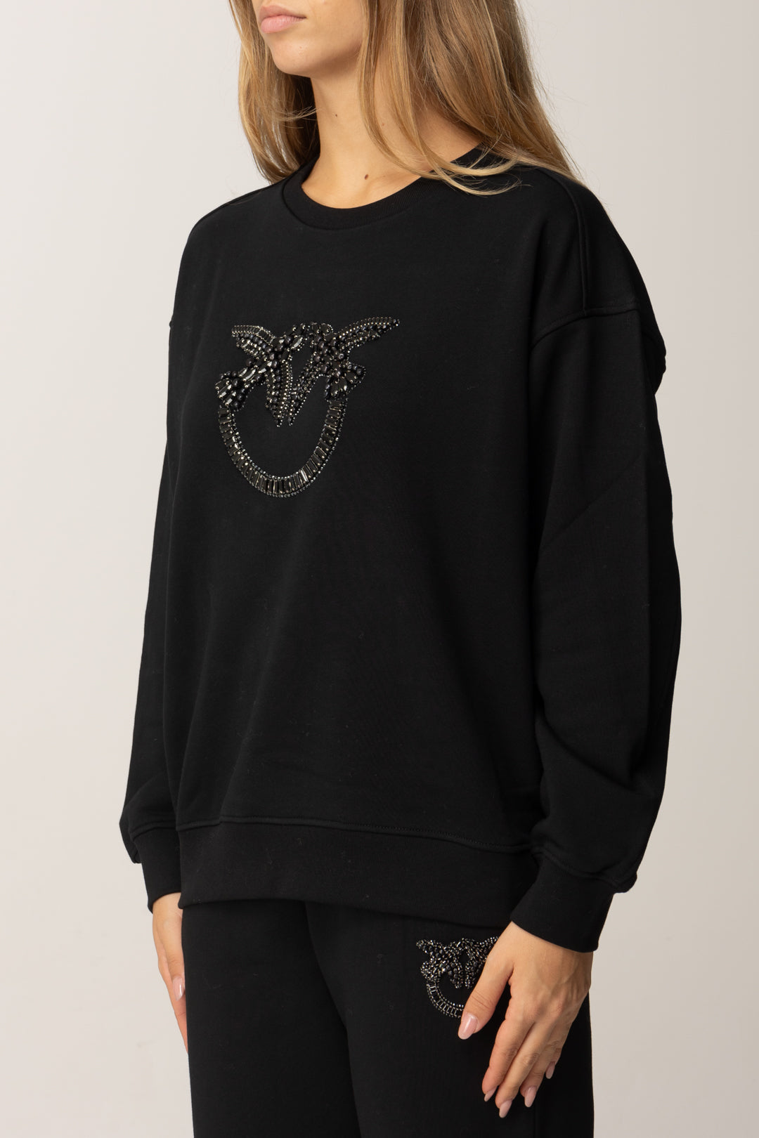 Pinko Felpa In Cotone con Logo Love Birds Ricamato NERO LIMOUSINE