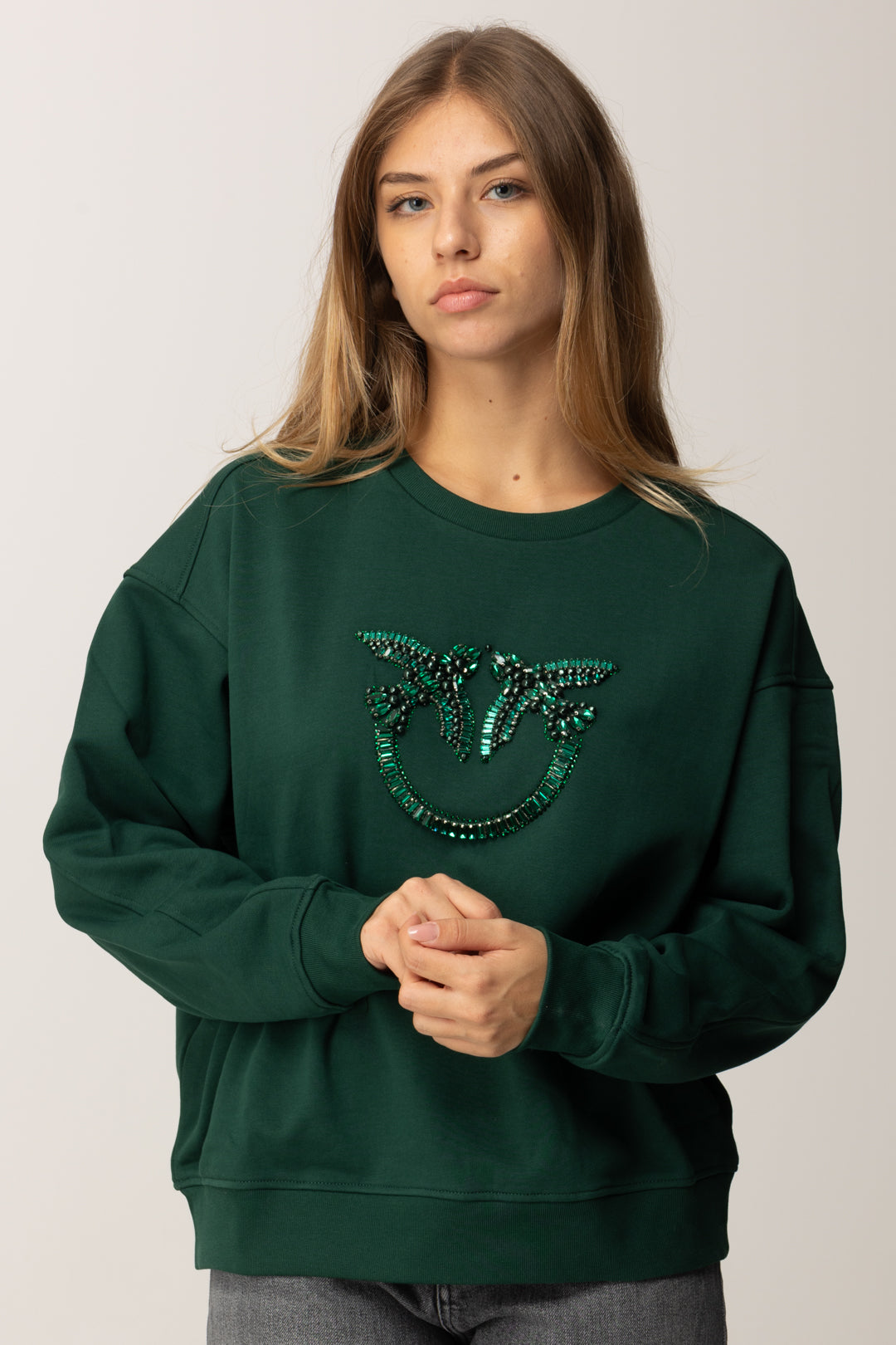 Pinko Felpa In Cotone con Logo Love Birds Ricamato VERDE VENA