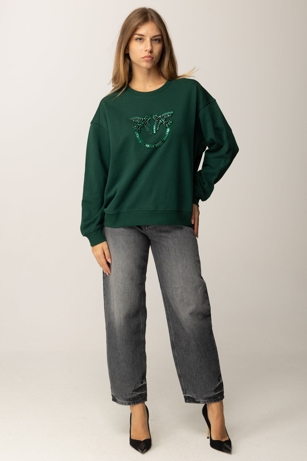 Pinko Felpa In Cotone con Logo Love Birds Ricamato VERDE VENA