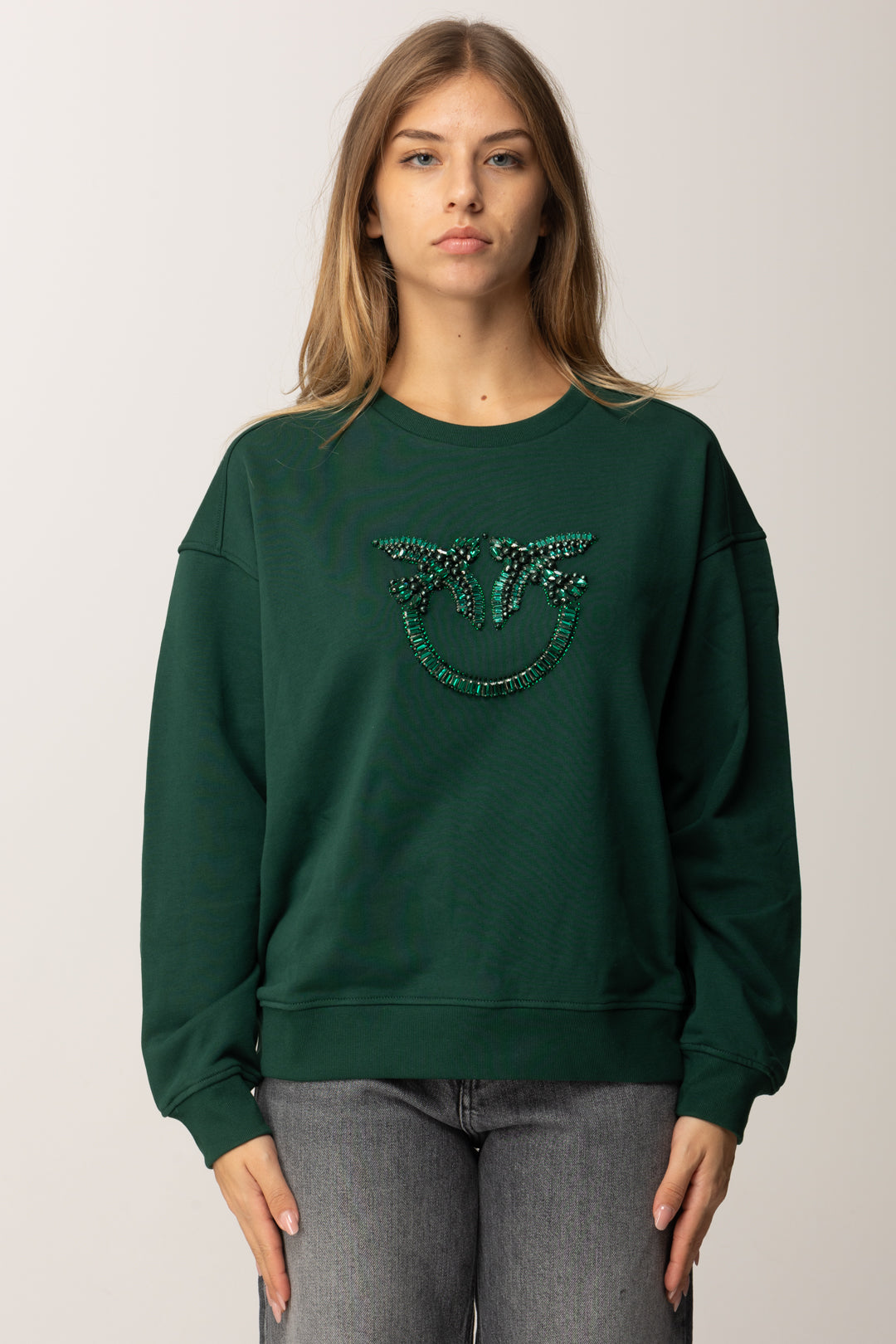 Pinko Felpa In Cotone con Logo Love Birds Ricamato VERDE VENA