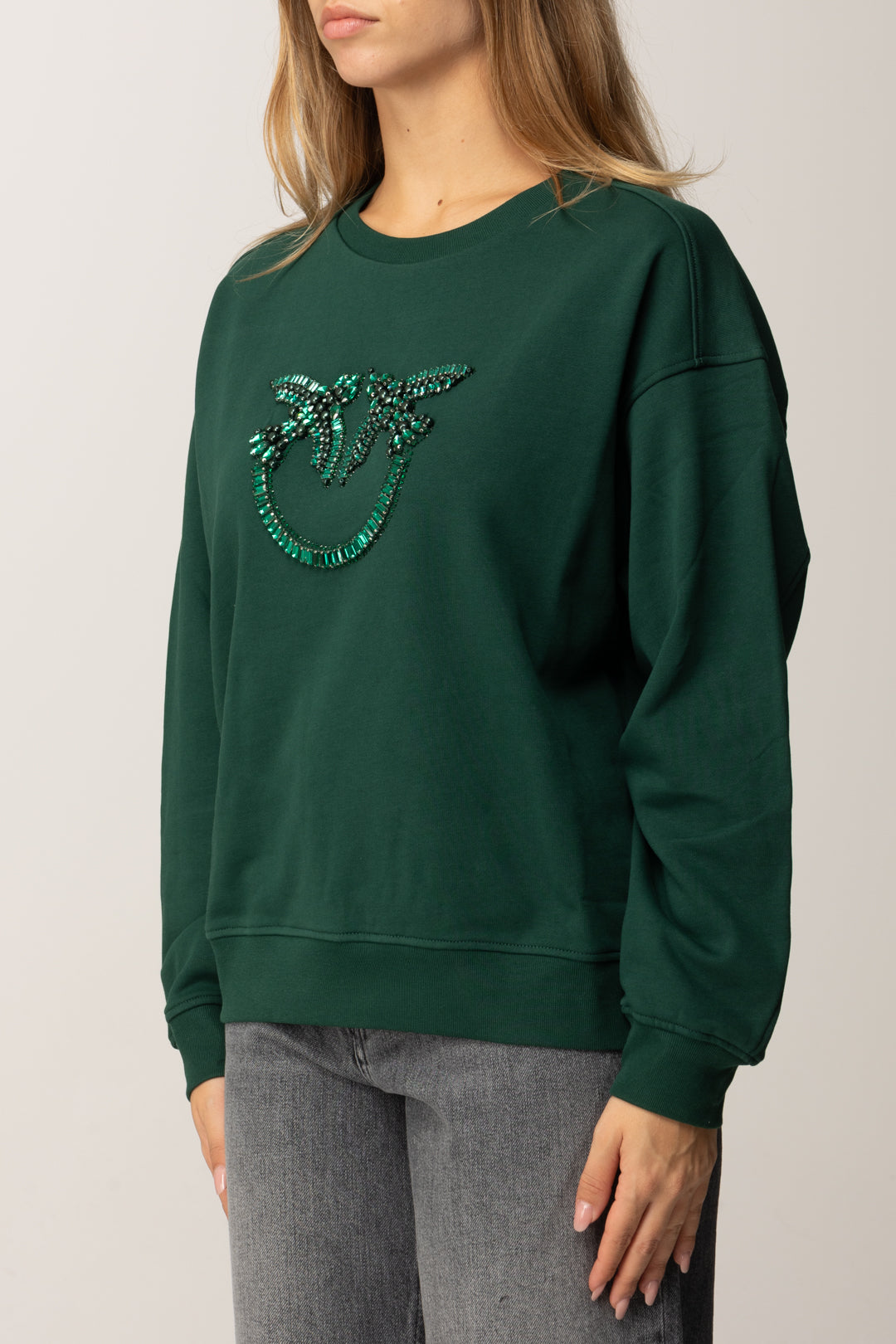 Pinko Felpa In Cotone con Logo Love Birds Ricamato VERDE VENA