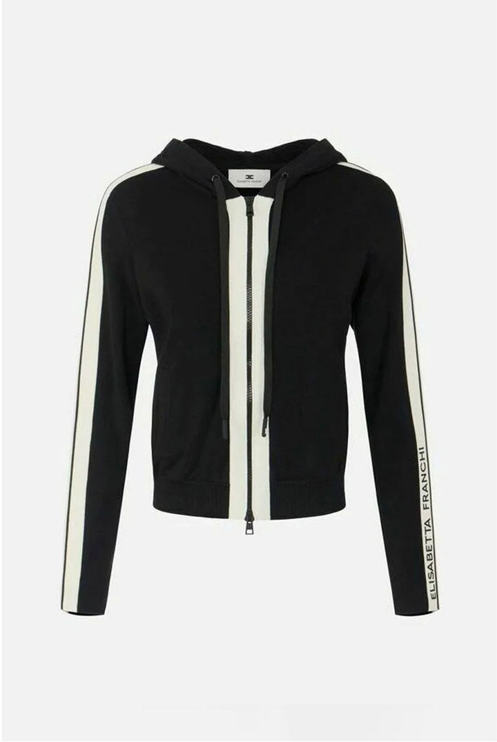 Elisabetta Franchi Felpa In Maglia con Cappuccio, Zip e Bande Logate MK14S66E2 NERO/BURRO
