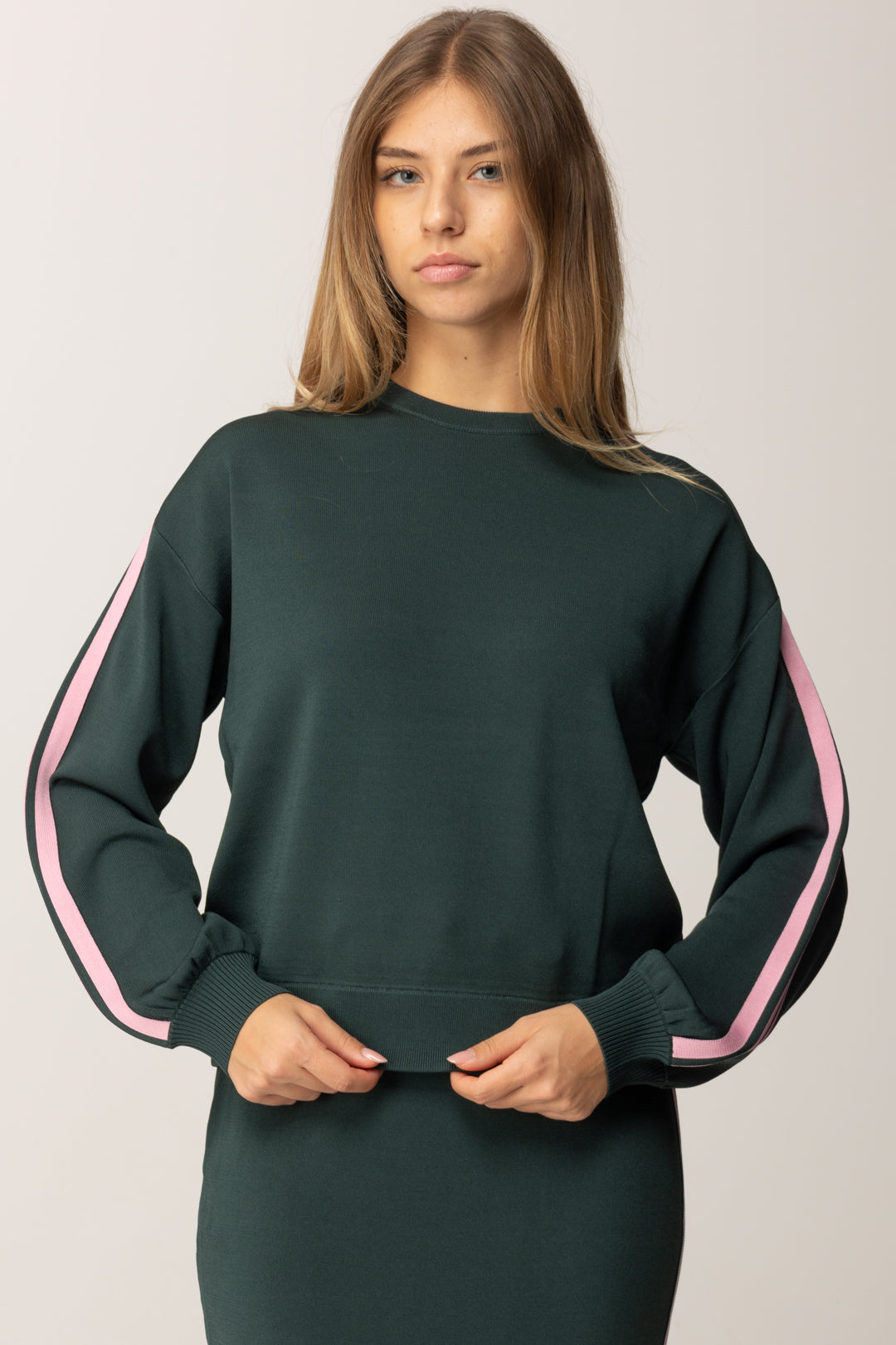 Pinko Felpa Sportiva In Piquet Tecnico con Bande Laterali VERDE CRISALIDE