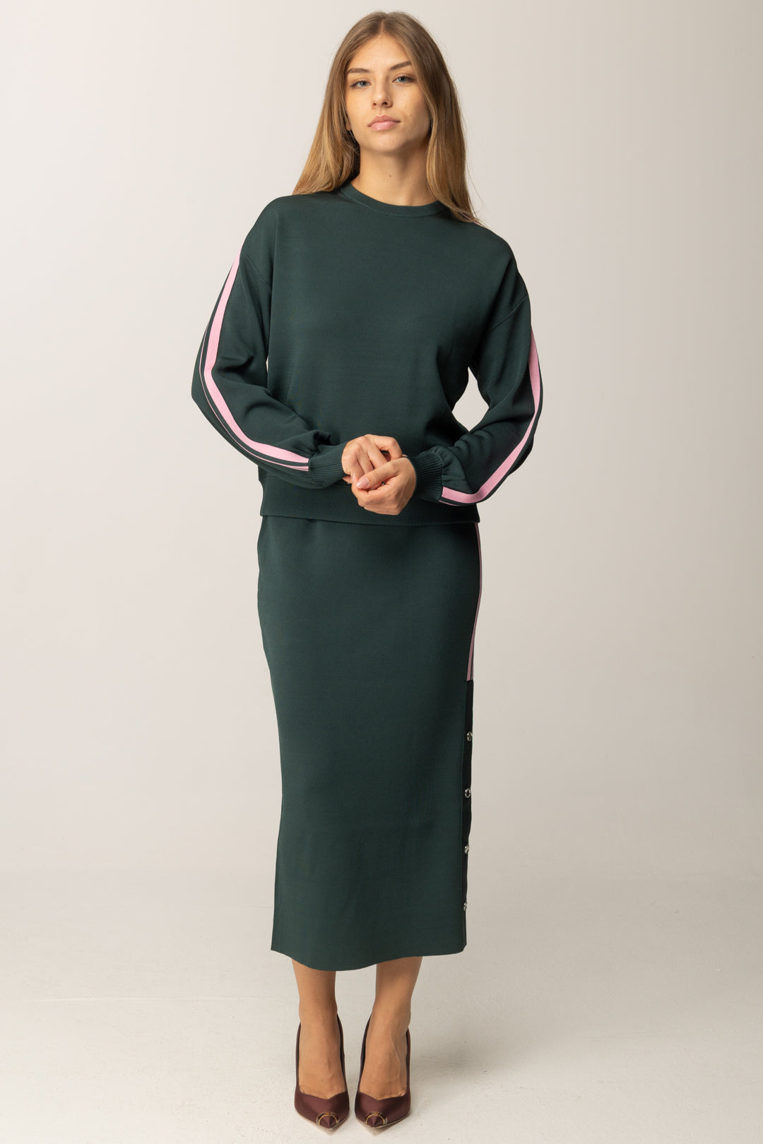 Pinko Felpa Sportiva In Piquet Tecnico con Bande Laterali VERDE CRISALIDE