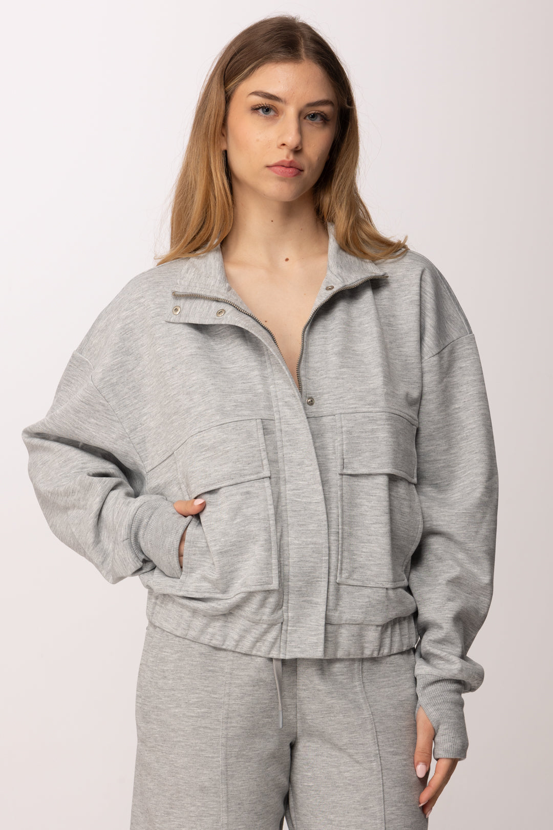 Patrizia Pepe Felpa Zip con Tasche e Coulisse 8M1795 J391 GRIGIO MELANGE