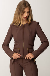 Elisabetta Franchi Giacca Aderente In Doppio Crepe con Zip GI17356E2 COFFEE