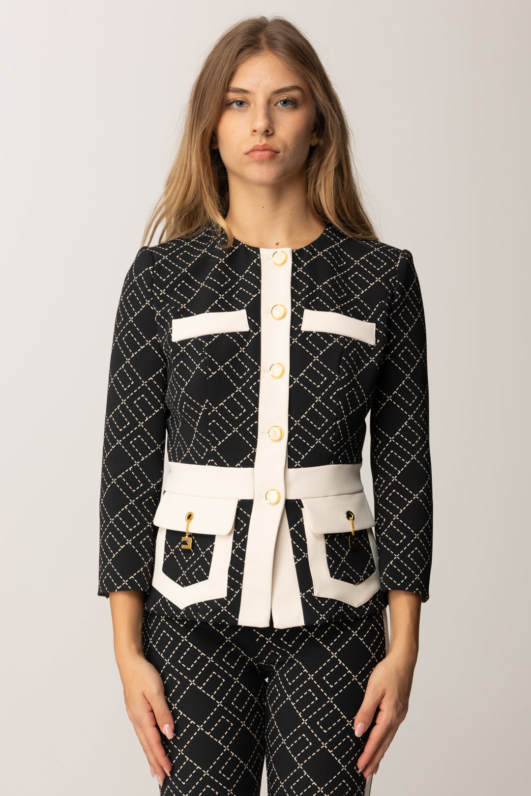 Elisabetta Franchi Giacca Bicolor con Pattern Logo GIS0156E2 NERO/MILK