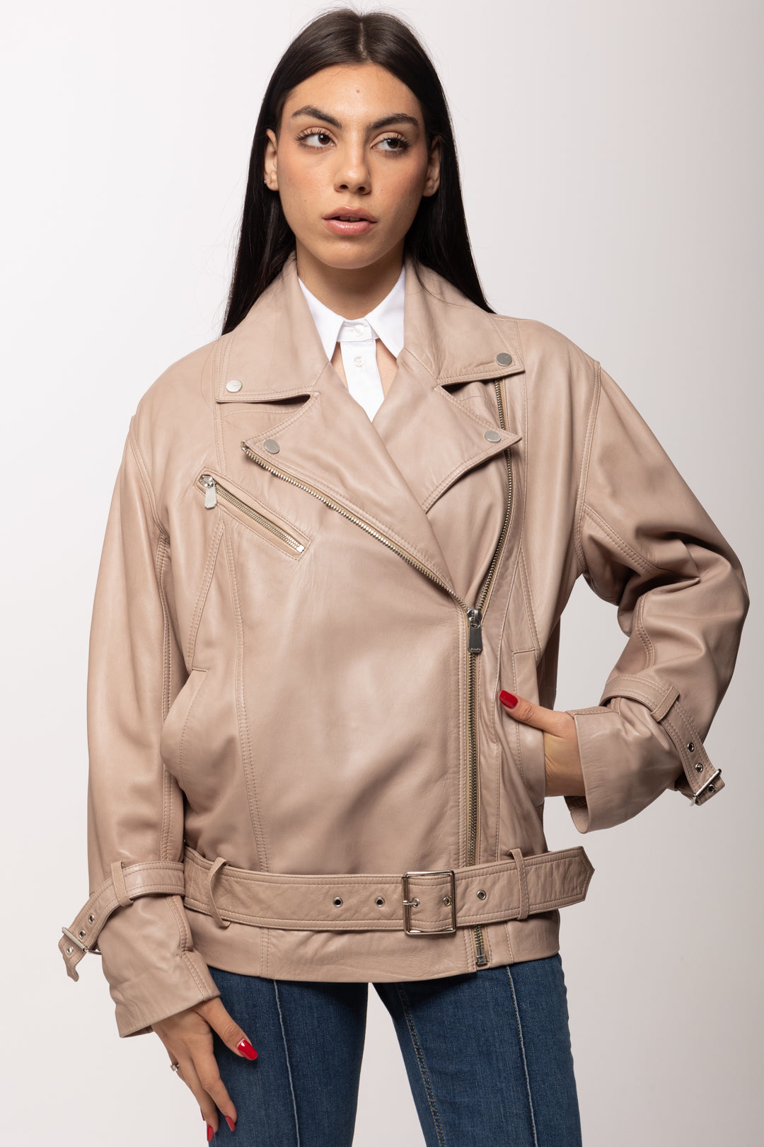Pinko Giacca Biker In Pelle con Cintura 106231 A31X I31