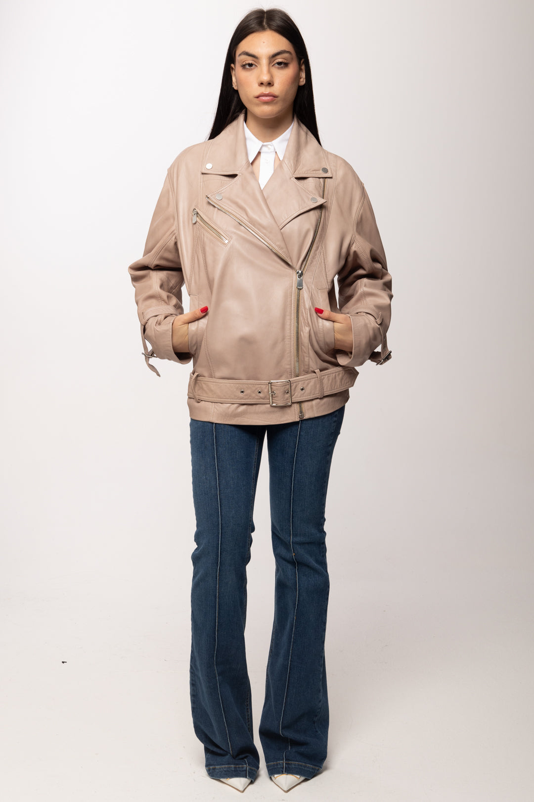 Pinko Giacca Biker In Pelle con Cintura 106231 A31X I31