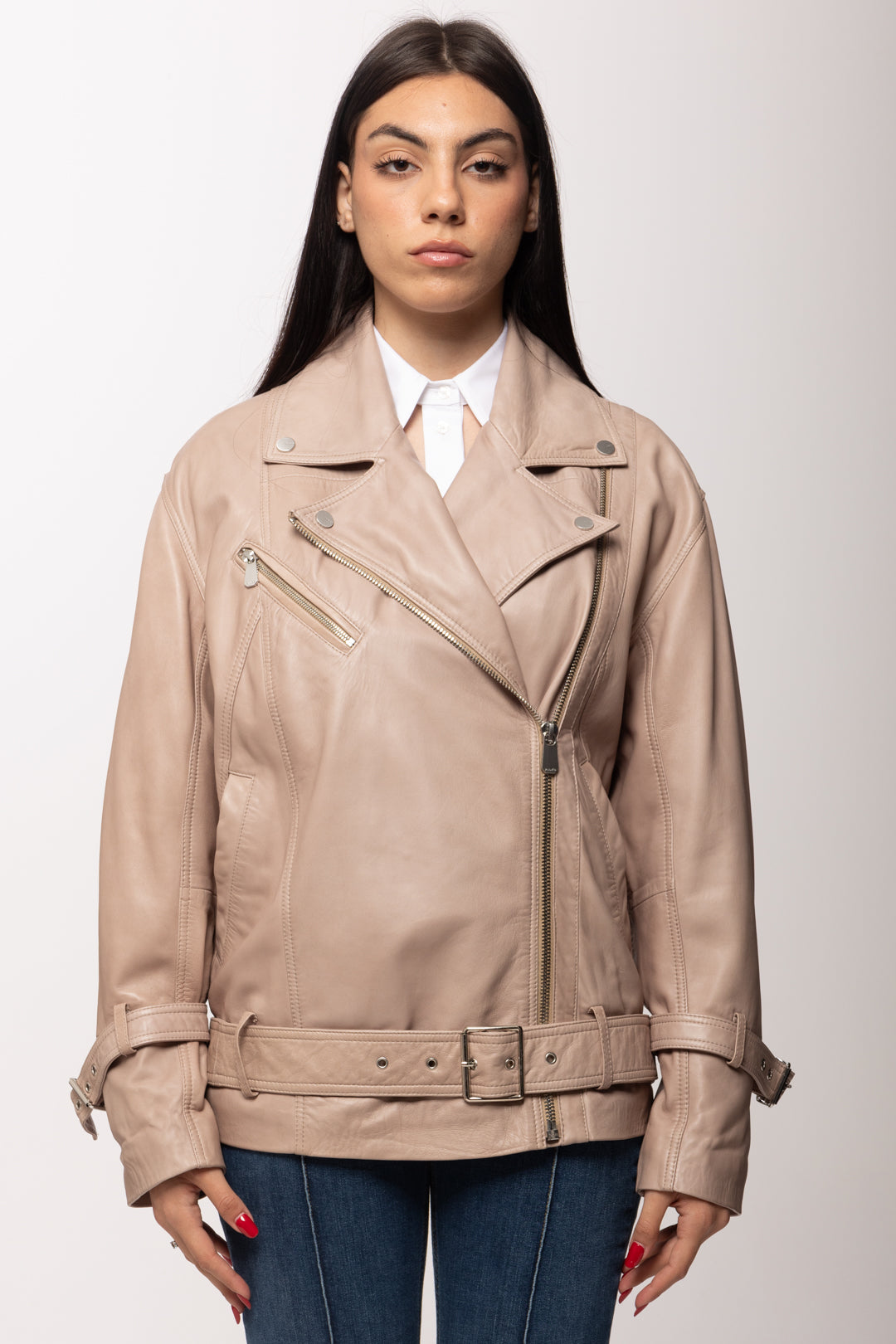 Pinko Giacca Biker In Pelle con Cintura 106231 A31X I31