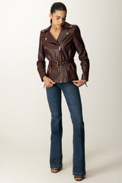 Elisabetta Franchi Giacca Biker In Pelle con Cintura GD50Z56E2 MERLOT