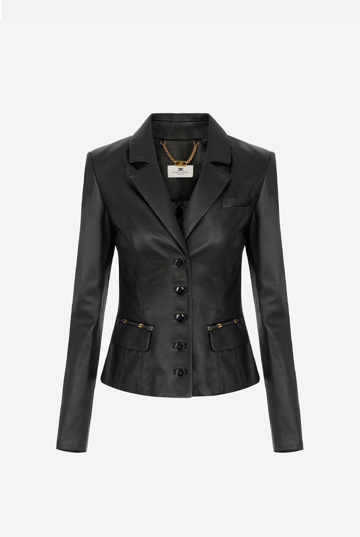 Elisabetta Franchi Giacca Blazer In Pelle con Dettagli Logo GD07G66E2 NERO