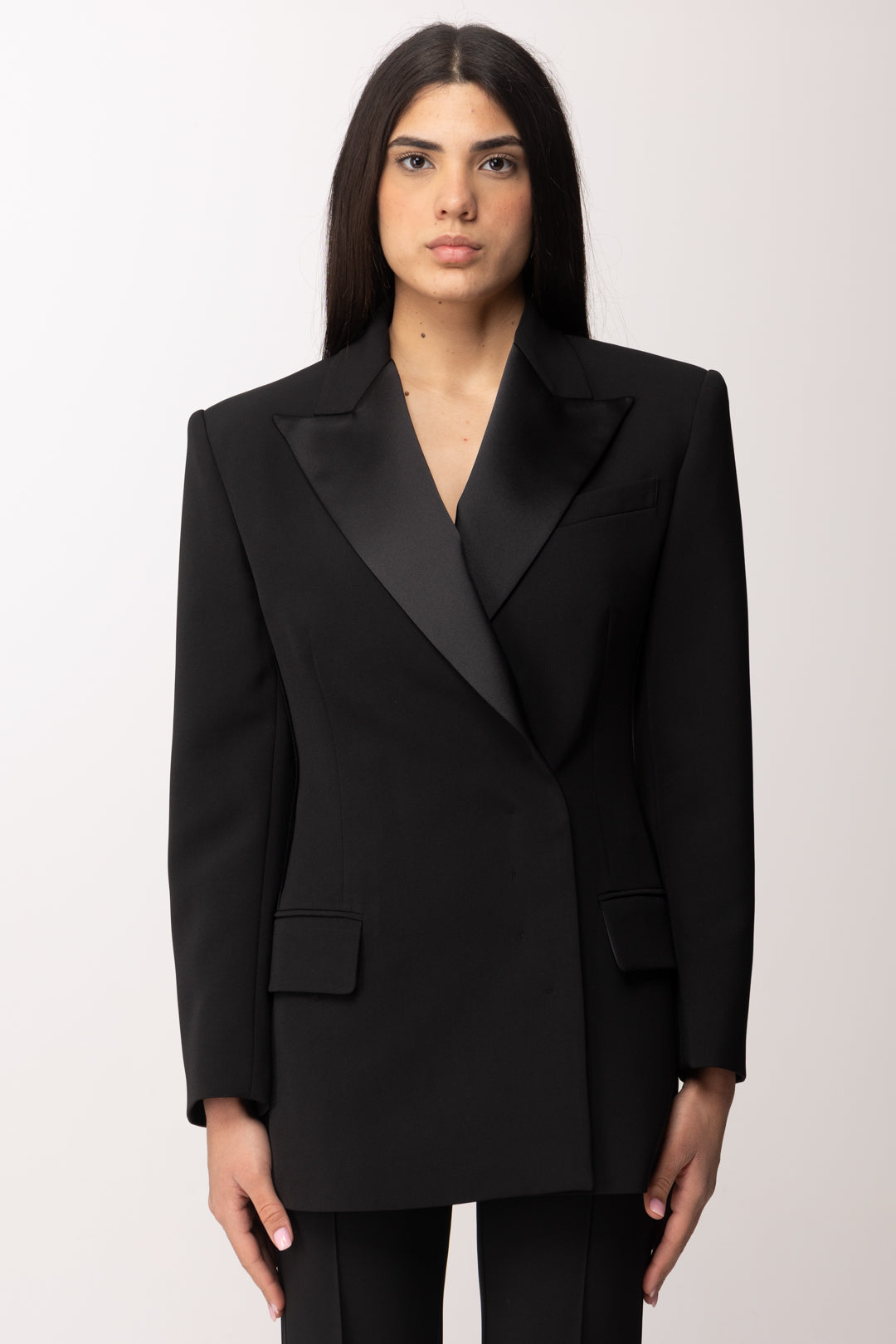 Elisabetta Franchi Giacca con Chiusura Nascosta e Inserti In Raso GI24163E2 NERO