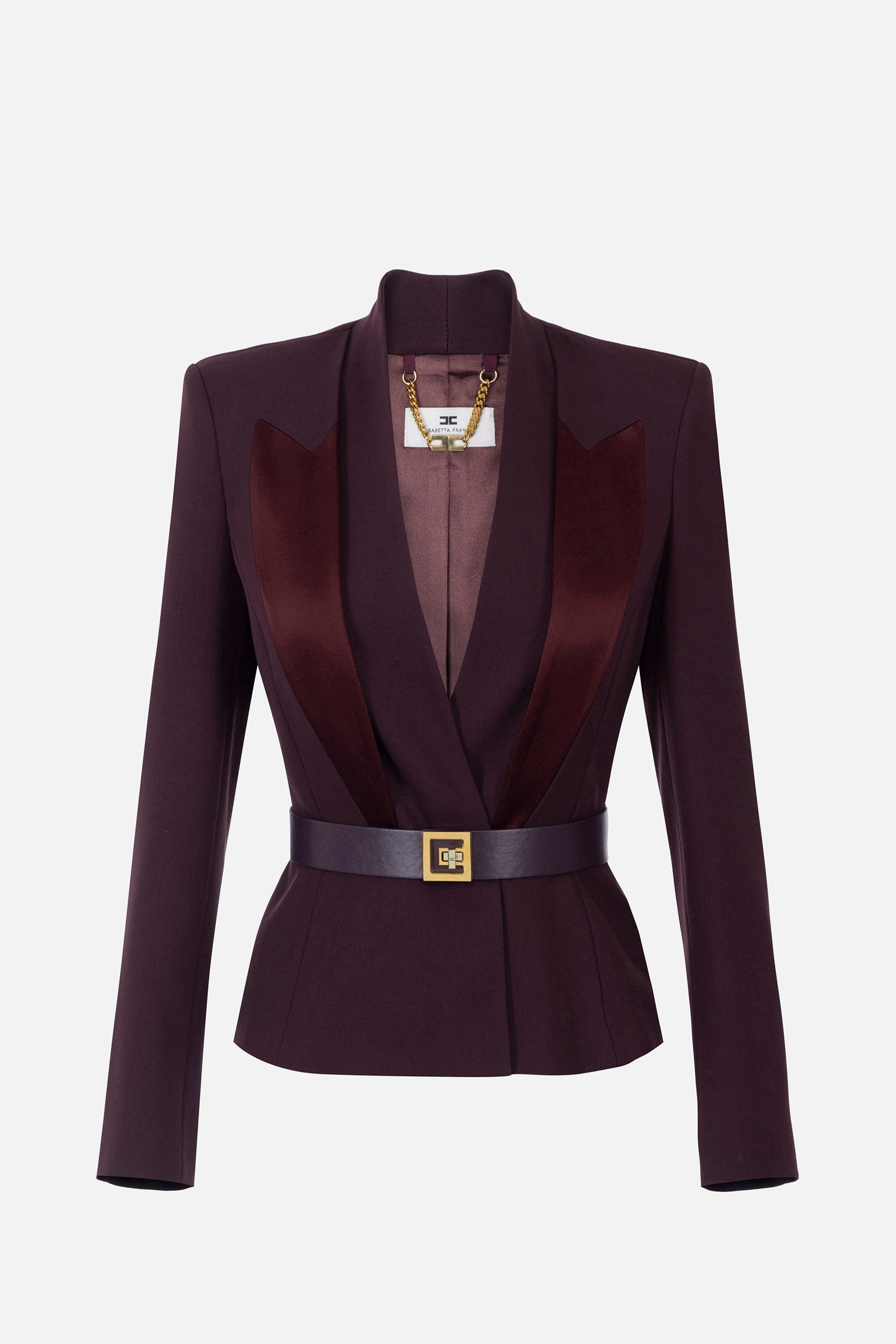 Elisabetta Franchi Giacca con Rever In Raso e Cintura GI17656E2 MERLOT