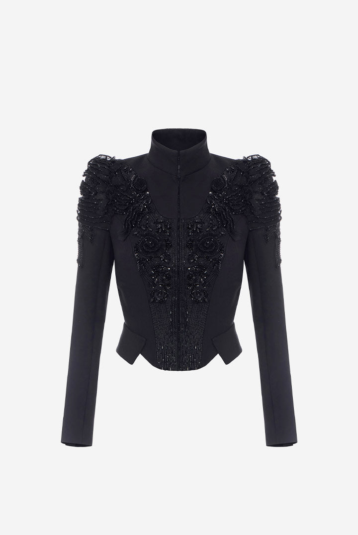 Elisabetta Franchi Giacca Corta con Collo Alto e Ricami Gioiello GI28768E2 NERO