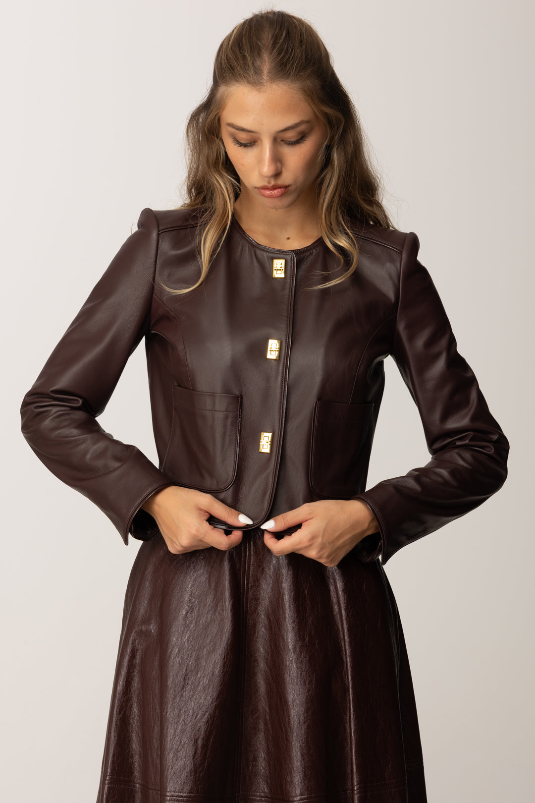 Elisabetta Franchi Giacca Corta In Pelle con Dettagli In Vinile GD52Z56E2 MERLOT