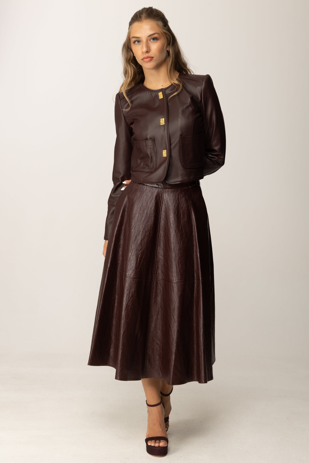 Elisabetta Franchi Giacca Corta In Pelle con Dettagli In Vinile GD52Z56E2 MERLOT