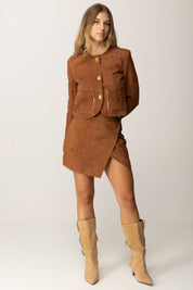 Elisabetta Franchi Giacca Corta In Suede con Dettagli In Vinile GD53G56E2 BROWN SUGAR