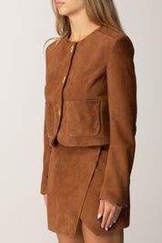 Elisabetta Franchi Giacca Corta In Suede con Dettagli In Vinile GD53G56E2 BROWN SUGAR