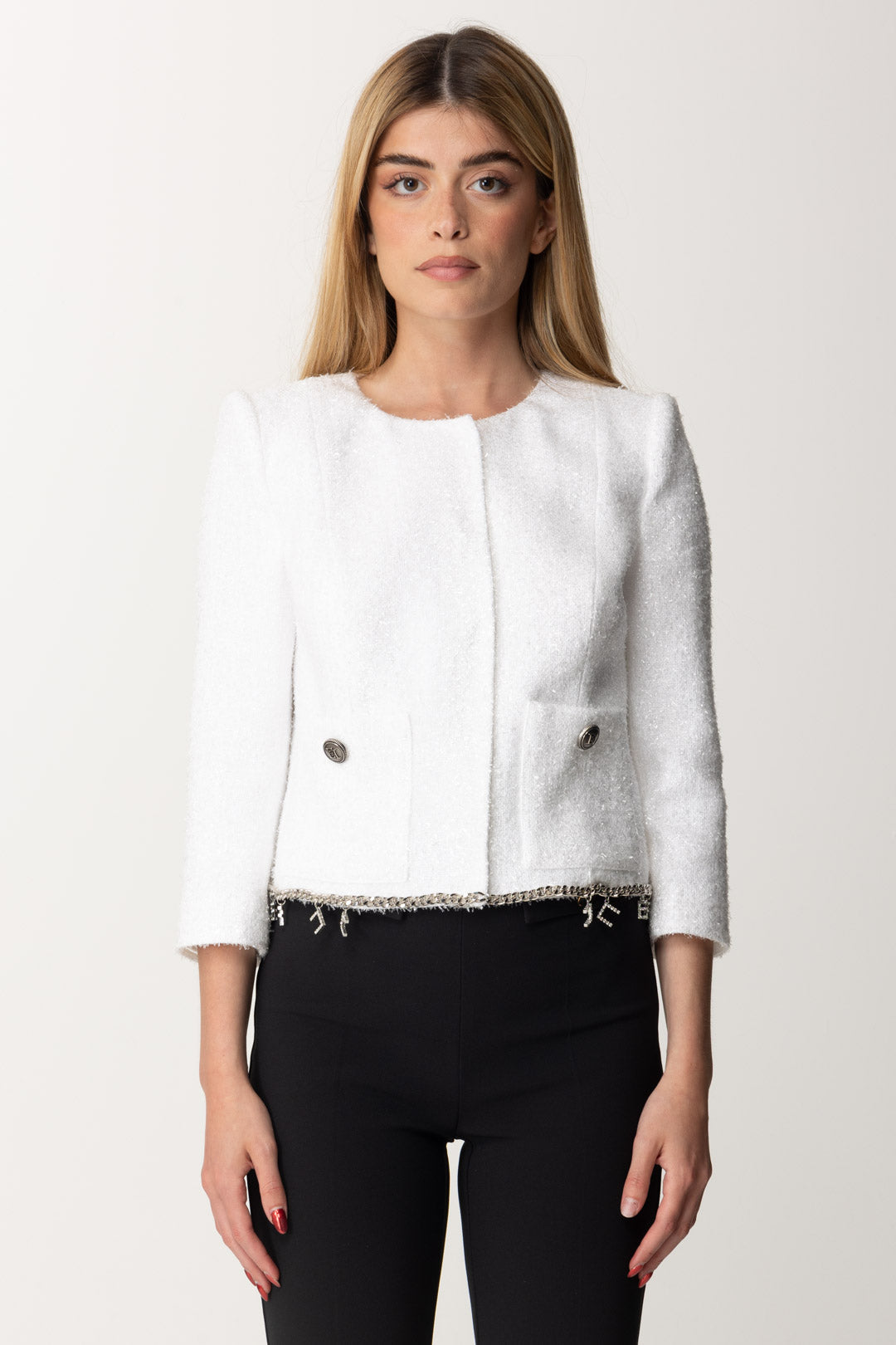 Elisabetta Franchi Giacca Corta In Tweed Lurex con Charms GI07442E2 AVORIO