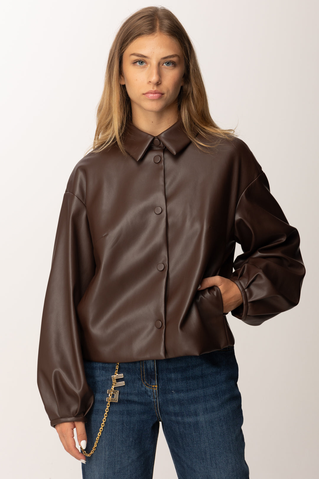 Twin-set Giacca Corta Spalmata con Collo a Camicia 252TP2090 COFFEE